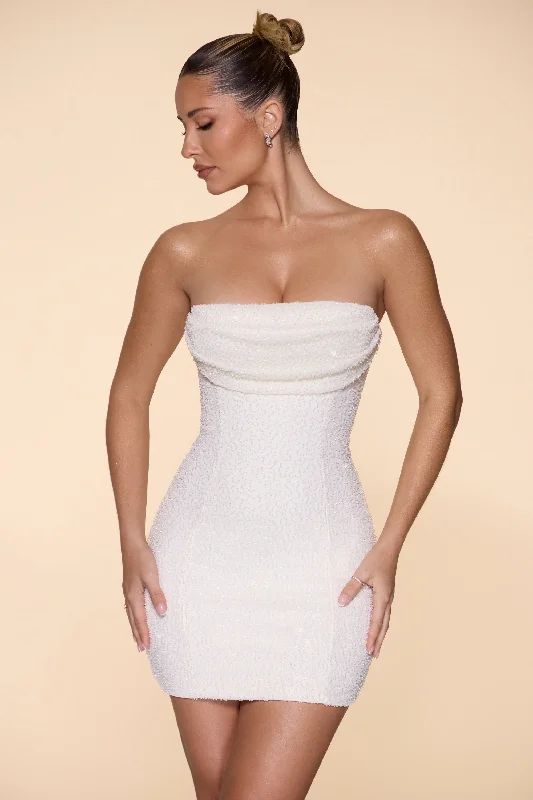 Mini dress with spaghetti straps-Embellished Strapless Cowl Neck Mini Dress in Ivory