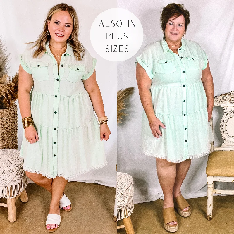 Mini dress with floral print-Oh Darling Ruffle Tiered Button Up Dress in Mint Green