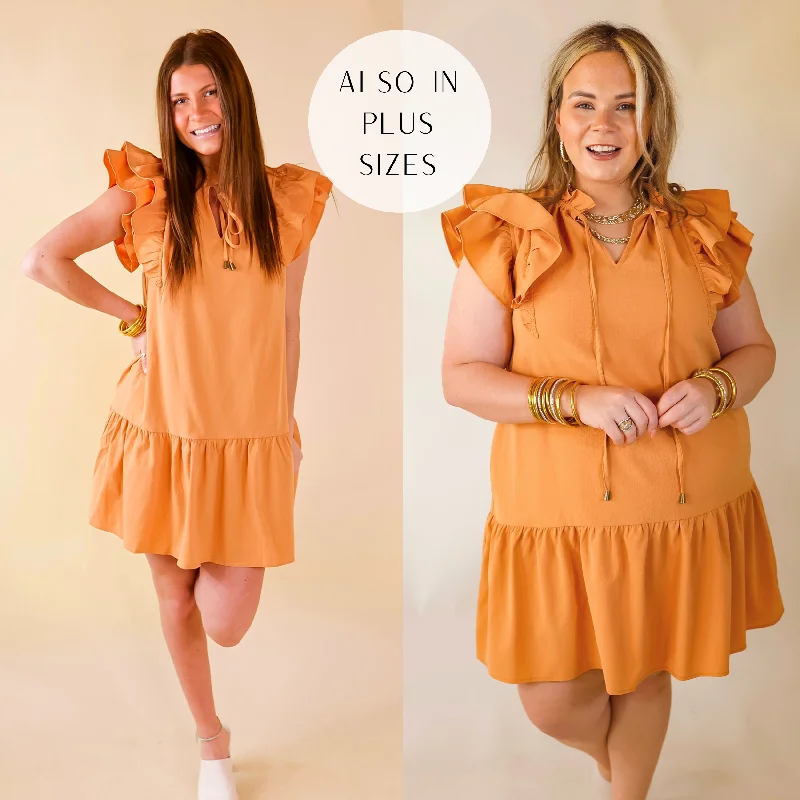 Mini dress with minimalist design-Powerful Love Ruffle Cap Sleeve Dress with Keyhole and Tie Neckline in Sunset Orange