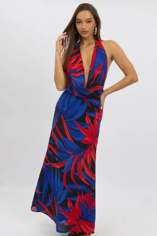 Maxi dress with open back-Black Floral Cowl Neck Maxi Dress