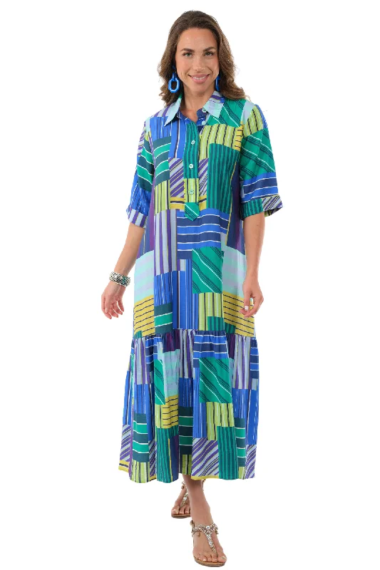 Maxi dress with adjustable straps-Women's Long Blue Color Block Maxi Dress 3/4 Sleeves -"Vega"