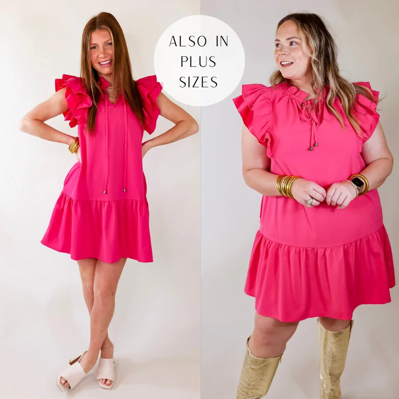 Mini dress with mesh insert-Powerful Love Ruffle Cap Sleeve Dress with Keyhole and Tie Neckline in Hot Pink