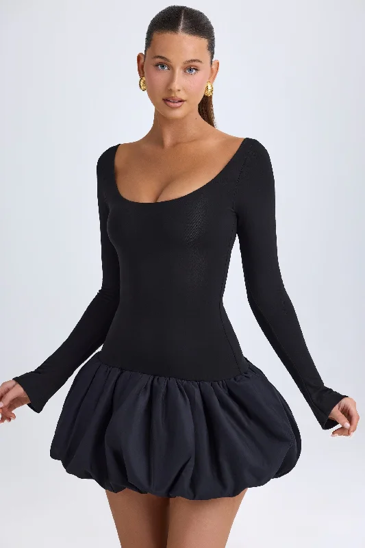 Mini dress with draped bodice-Scoop-Neck Drop-Waist Bubble Hem Mini Dress in Black