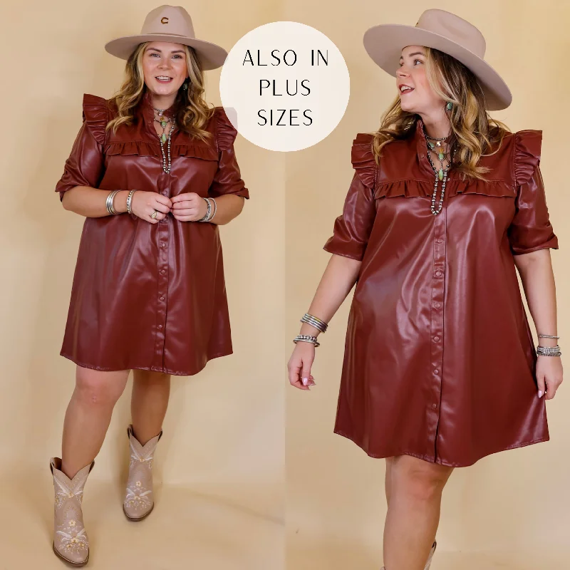 Mini dress with sequin embellishments-Beyond The City Button Up Faux Leather Dress with Ruffle Detailing in Brown