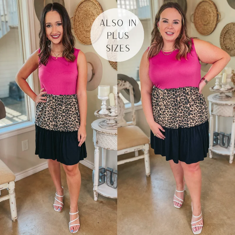 Mini dress with tie waist-Right On Time Ruffle Tiered Leopard Print Block Dress in Fuchsia