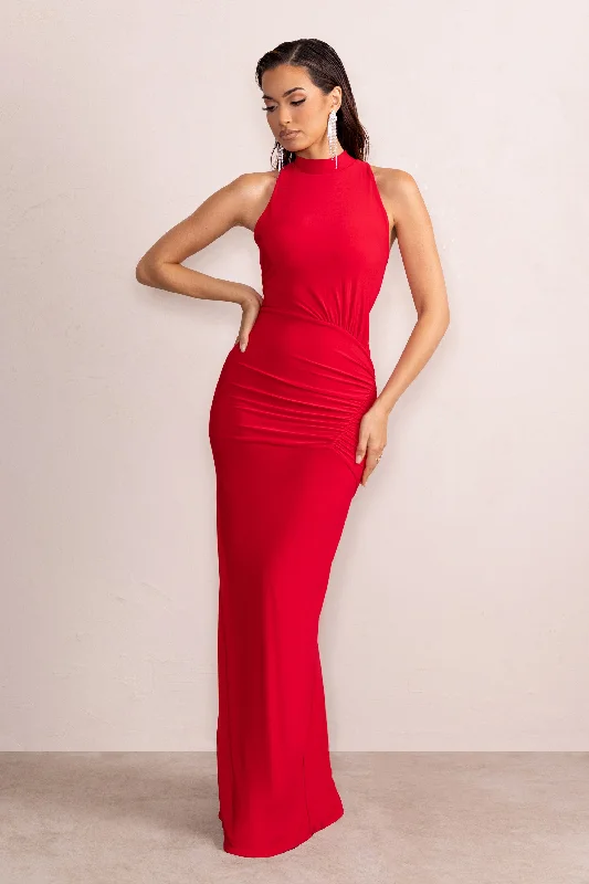 Maxi dress with empire waist-Liori | Red Halter Neck Maxi Dress With Ruching Detail