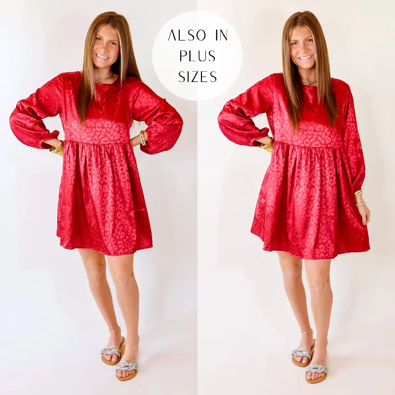 Casual mini dress for daytime-Change Is Coming Leopard Print Babydoll Dress with Long Sleeves in Dark Red