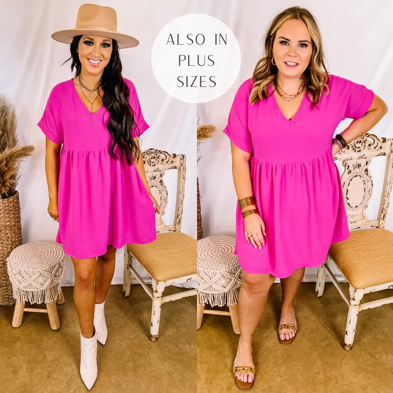 Mini dress with layered ruffles-Last Chance Size XL | Touring the City V Neck Babydoll Dress in Fuchsia Pink