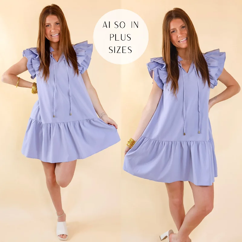 Mini dress with metallic threads-Powerful Love Ruffle Cap Sleeve Dress with Keyhole and Tie Neckline in Periwinkle Blue