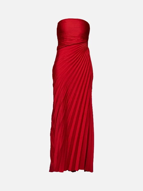 Maxi dress with sheer panels-Bianca Strapless Pleated Maxi Dress in Really Red