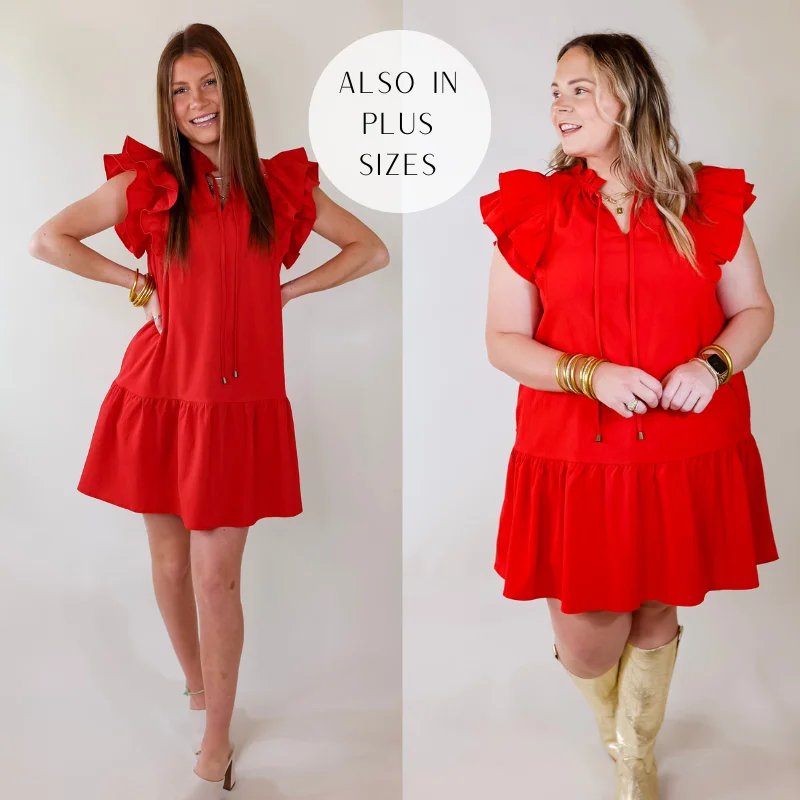 Mini dress with lace-up front-Powerful Love Ruffle Cap Sleeve Dress with Keyhole and Tie Neckline in Red