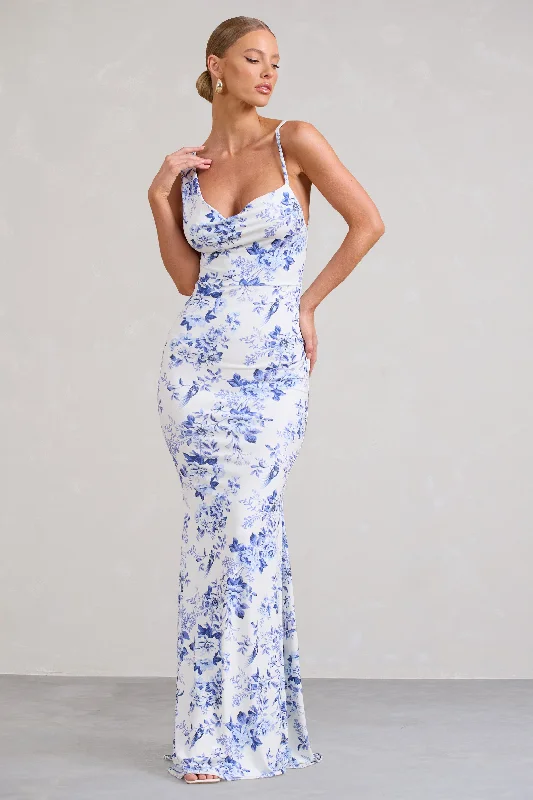 Maxi dress with cowl neck-Phantasy | Blue Floral Print Asymmetric Neckline Cowl Maxi Dress