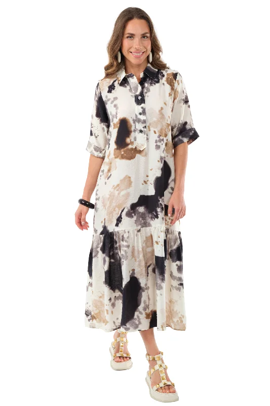 Maxi dress with animal print-Women's Ivory & Black Splash Print Maxi Dress-"Vega"