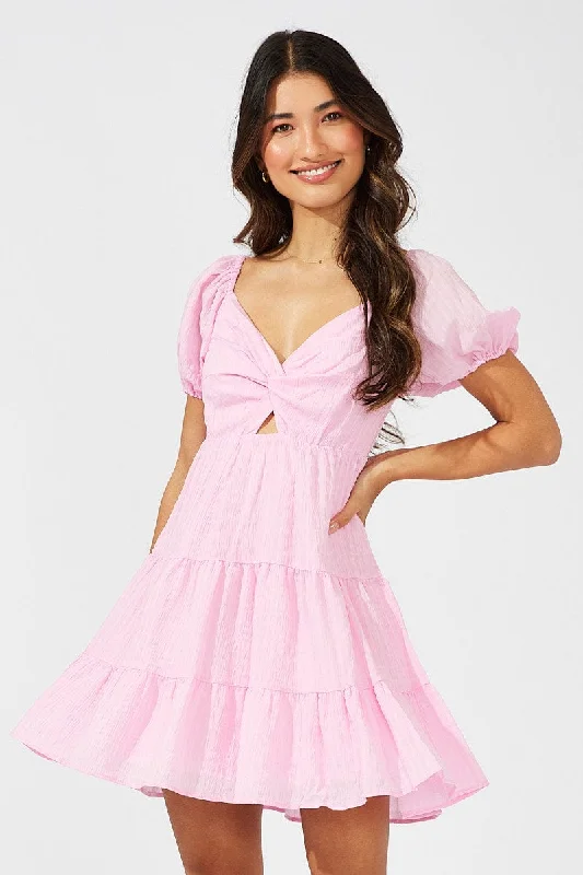 Mini dress with nautical theme-Pink Fit And Flare Dress Puff Sleeve Mini