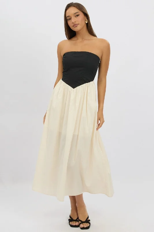 Maxi dress with minimalist design-Beige Strapless Maxi Dress Colour Block