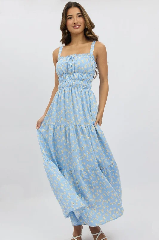 Maxi dress with oversized fit-Blue Ditsy Maxi Dress Strappy Tiered