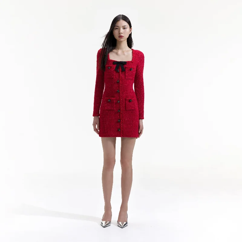 Mini dress with nautical theme-Red Knit Bow Round Neck Mini Dress