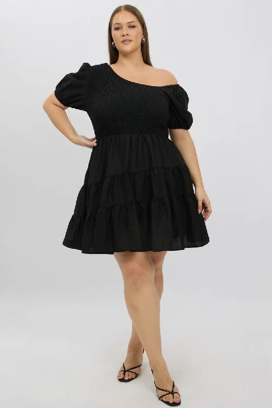 Mini dress with puffball skirt-Black Asymmetric Minidress