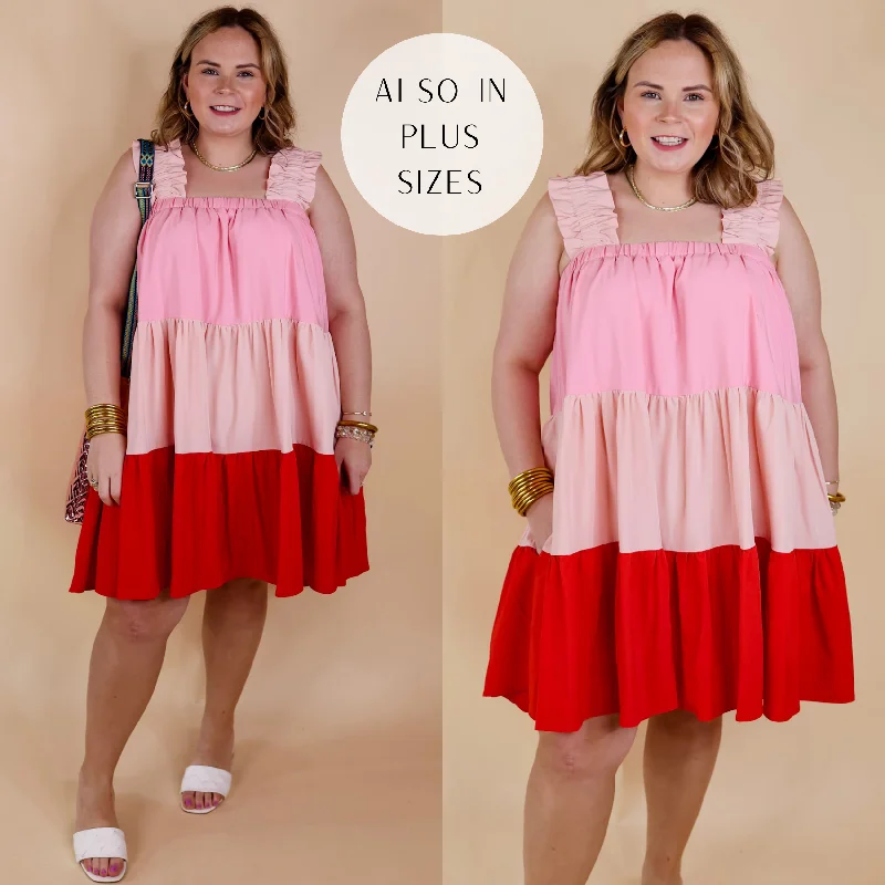 Mini dress with puff sleeves-Whisk Me Away Ruched Strap Color Block Dress in Pink Mix