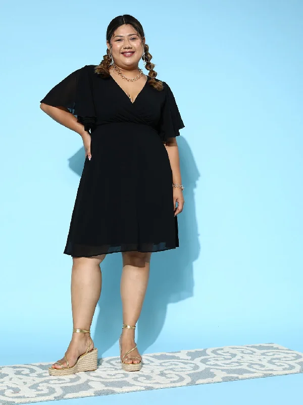 Mini dress with cap sleeves-Berrylush Women Plus Size Solid Black V-Neck Flutter Sleeves Georgette Zipper-Up Flared Wrap Mini Dress