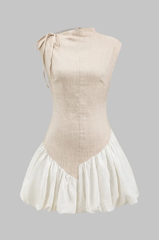 Casual mini dress for daytime-Linen Ruched Tie-Up Sleeveless Mini Dress