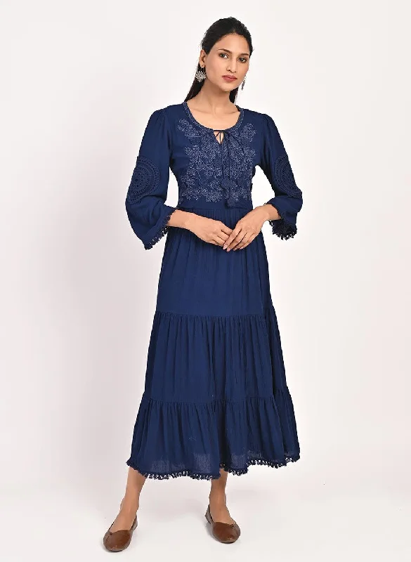 Maxi dress with boho style-Navy Blue Long Dress for Women with Dori Detail and Embroidery