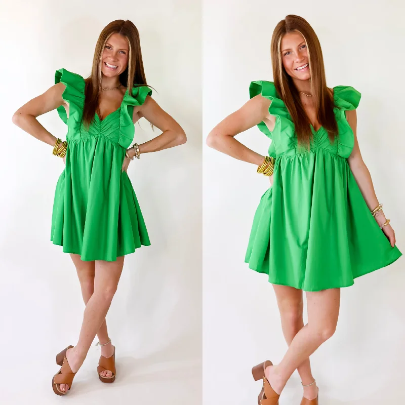 Mini dress with high neckline-Pixie Perfect Ruffled Sleeve V Neck Dress in Green