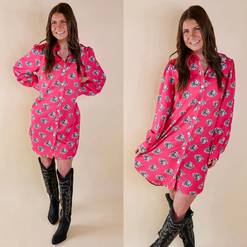 Mini dress with quilted design-The Cowgirl Way Button Up Cow Print Cowboy Hat Dress in Hot Pink