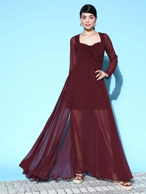 Maxi dress with utility style-Berrylush Women Solid Maroon Dobby Weave Sweetheart Neck Tie-Up Backless Georgette Layered Fit & Flare Maxi Dress