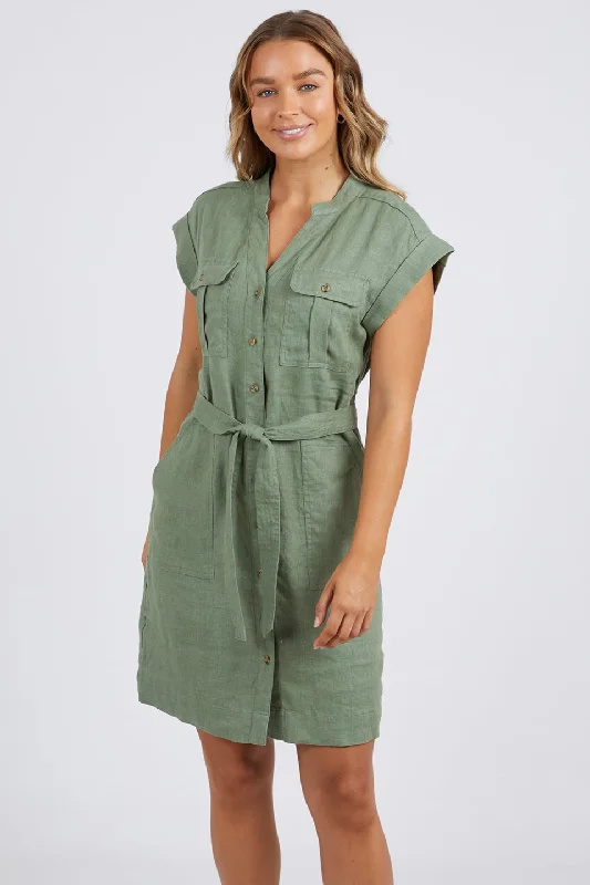 Mini dress for cocktail parties-Harlow Khaki Linen Cargo Mini Dress