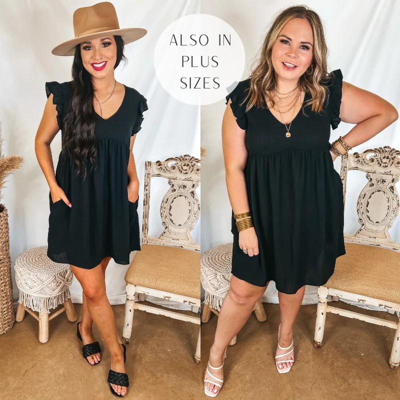 Mini dress with gingham print-Last Chance Size Small | Capture Your Attention V Neck Dress with Ruffle Cap Sleeves in Black