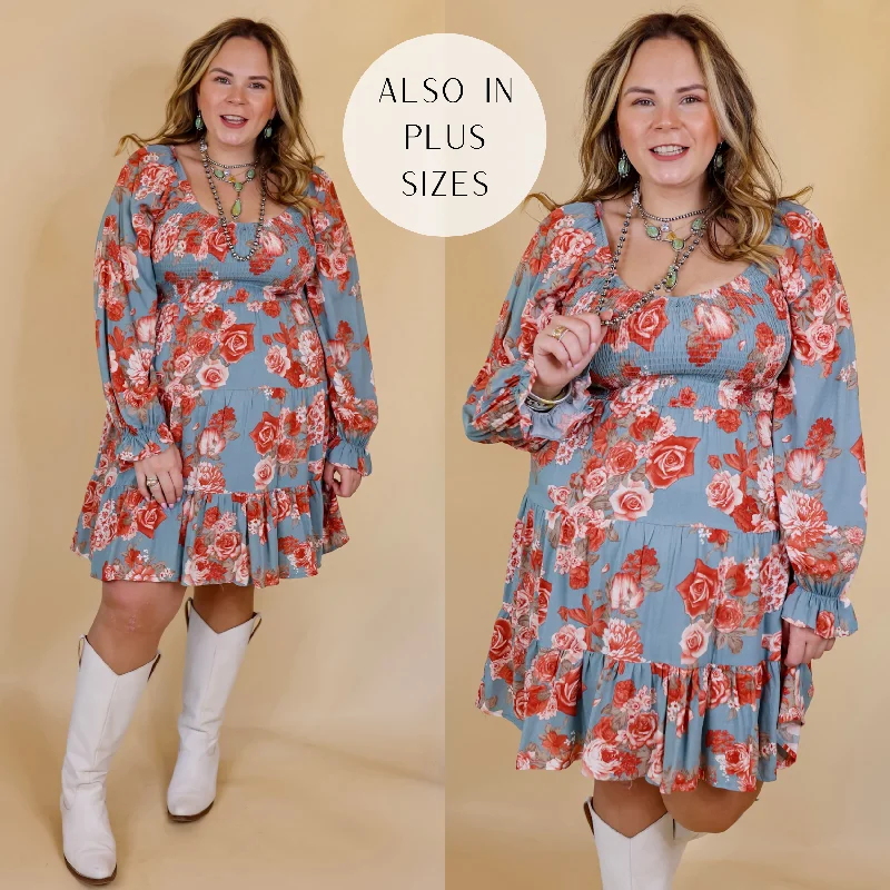 Mini dress with shimmer fabric-Day Cafe Smocked Bodice Floral Long Sleeve Dress in Dusty Blue