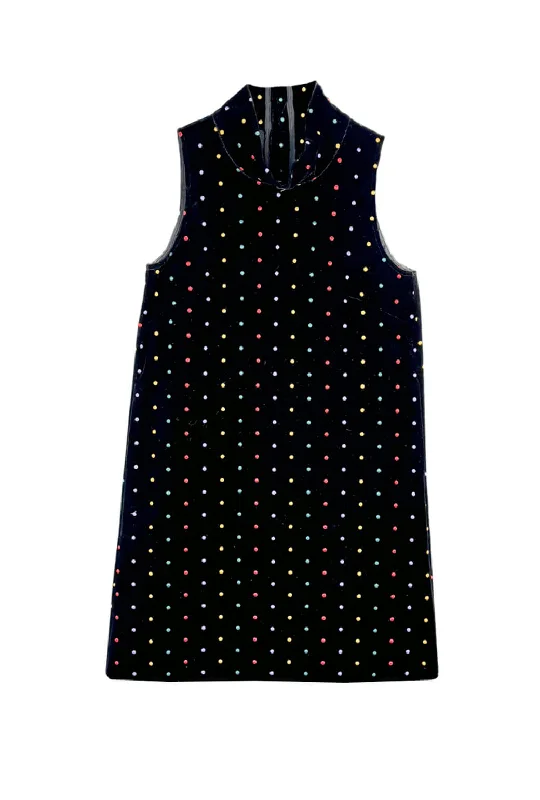 Mini dress with drawstring waist-MINI Mod Dress - Embroidered Dot Black Velvet