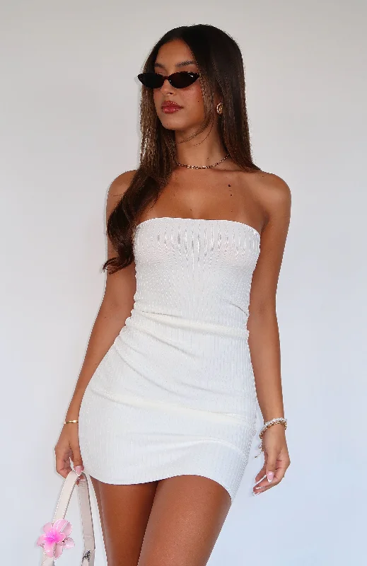 Mini dress with frilly details-Don't Hide Strapless Knit Mini Dress White