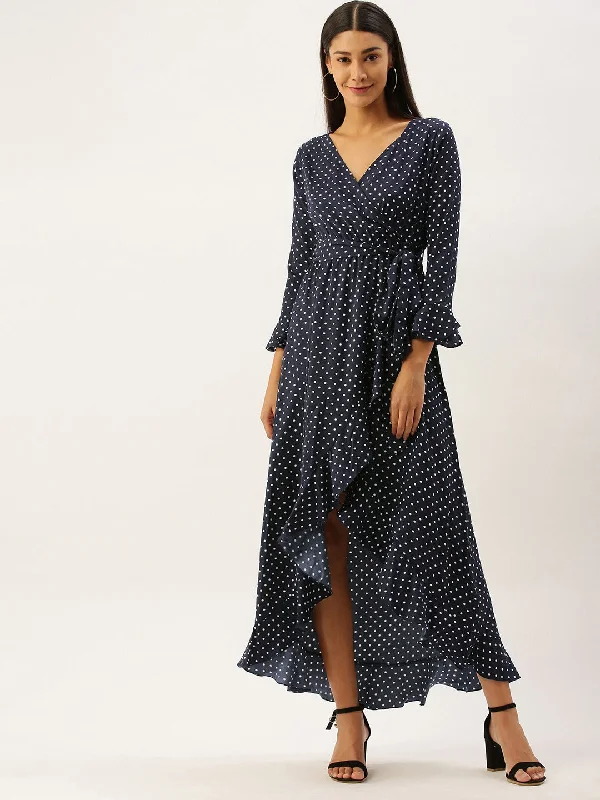 Maxi dress with voluminous sleeves-Berrylush Women Navy Blue Polka Dot Wrap Maxi Dress