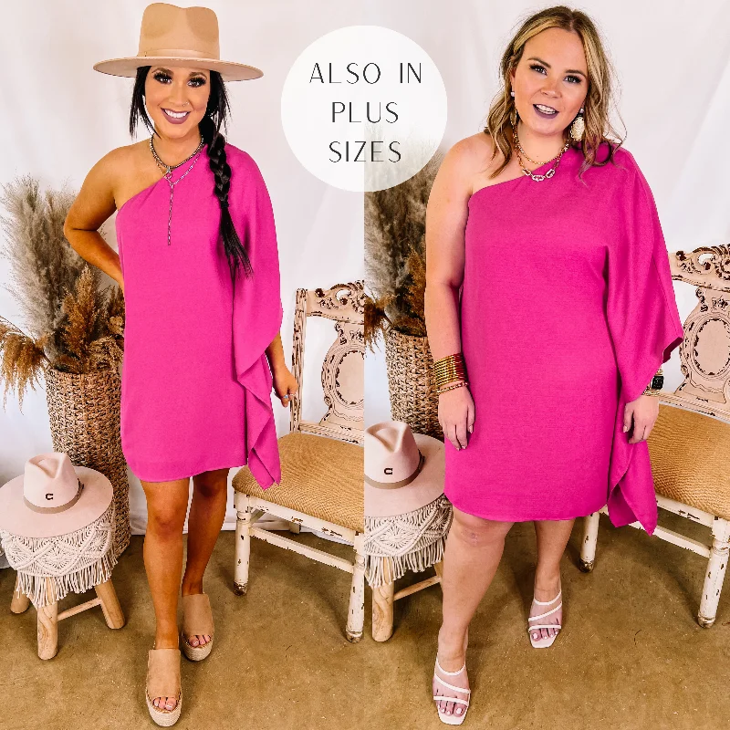 Mini dress with illusion sleeves-Last Chance Size Small & Medium | Champagne Getaway One Shoulder Dress in Fuchsia