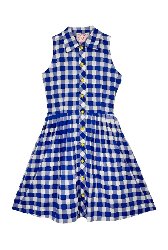 Mini dress with puff sleeves-Sleeveless Placket Front MINI Shirtdress - Blue Fringed Gingham