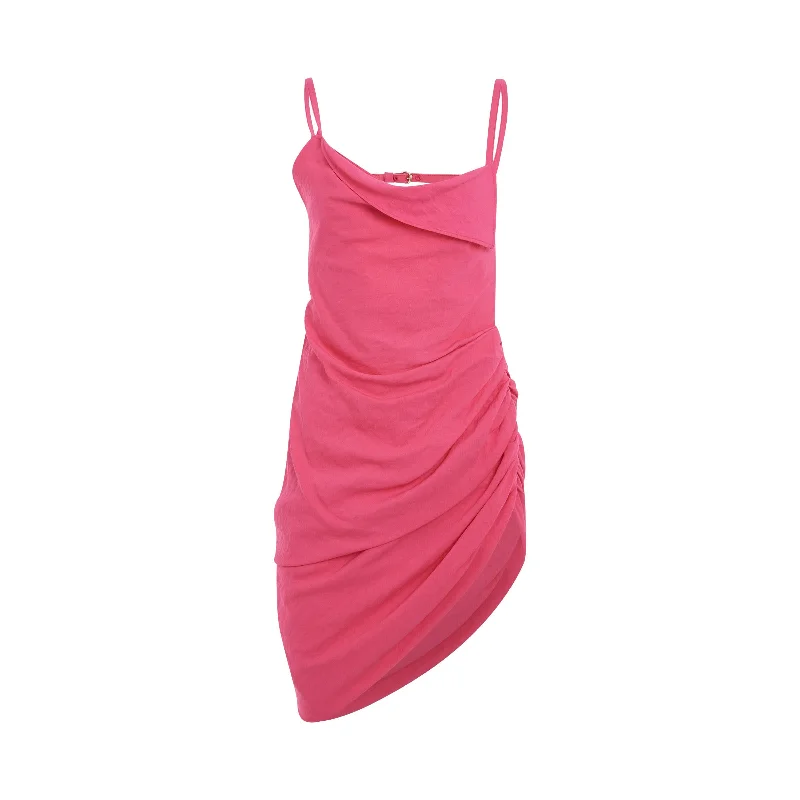 Mini dress with wrap style-Saudade Asymmetric Draped mini Dress in Pink