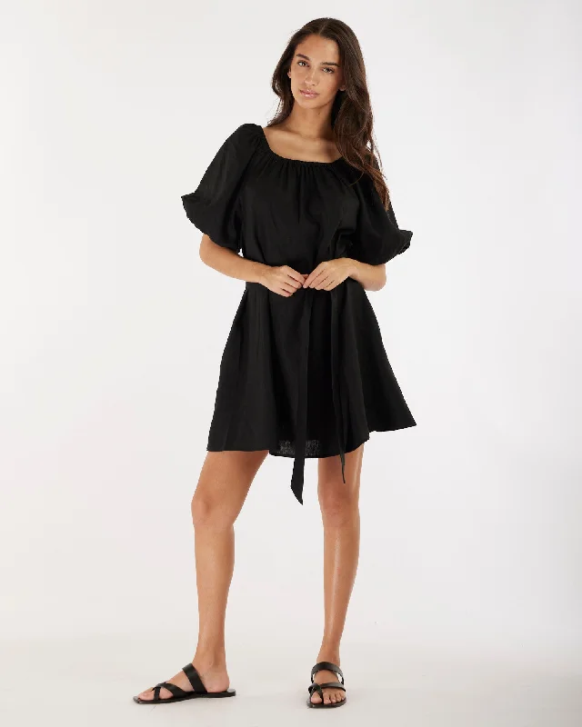 Mini dress with illusion sleeves-Wren Linen Mini Dress - Black