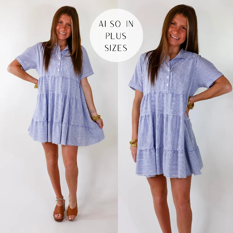 Mini dress with illusion sleeves-Casual Greetings Collared Pinstripe Dress in Blue and White