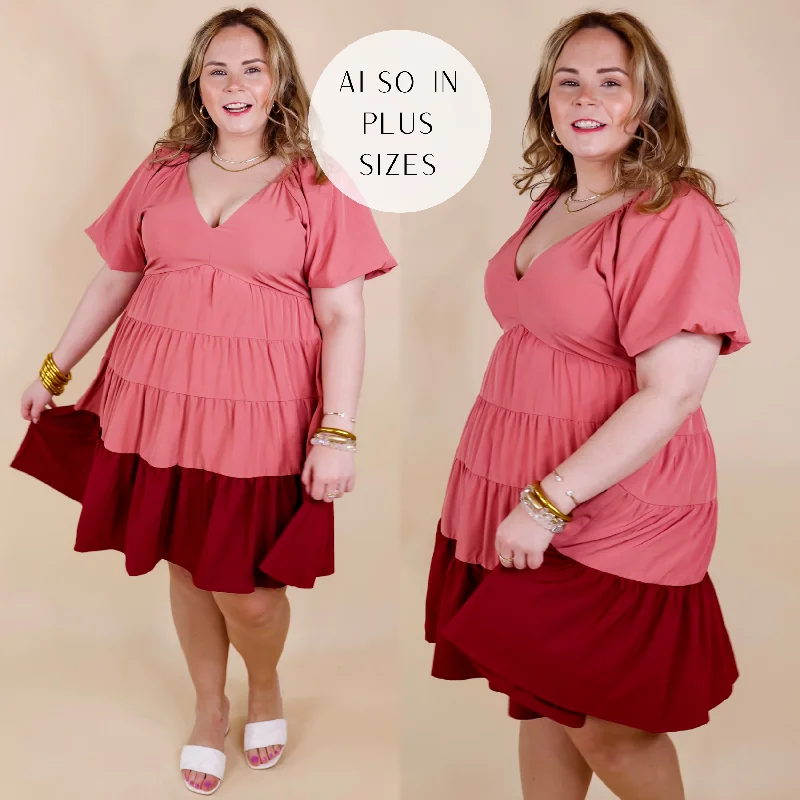 Mini dress with smocked bodice-Trendy City Puff Sleeve Tiered Dress with Pink Hemline in Rose Pink