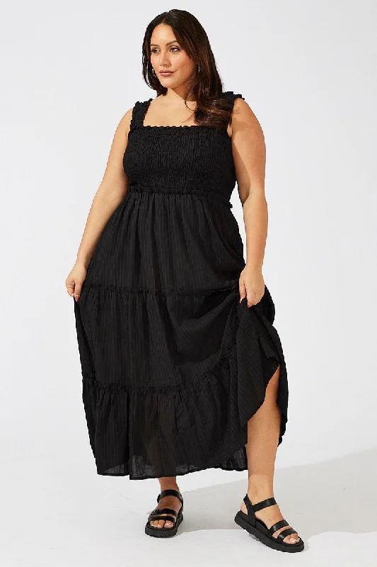 Maxi dress with funky flair-Black Textured Maxidress Sleeveless Frill