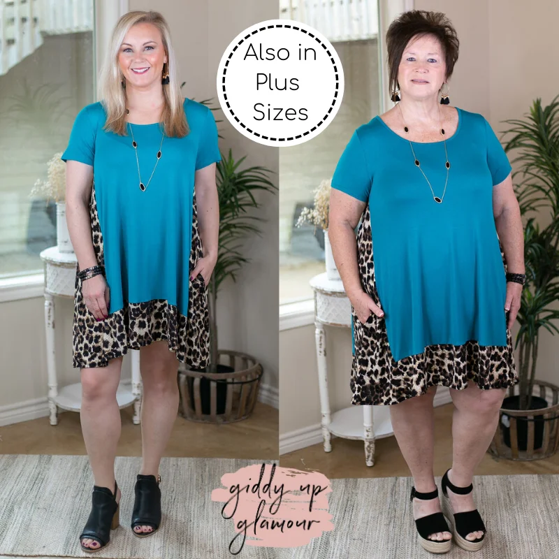 Mini dress with asymmetrical hem-It's My Way Solid Dress with Leopard Print Trim in Turquoise