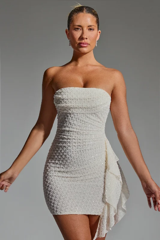 Mini dress with shimmer effect-Embellished Ruffled Cowl-Neck Bandeau Mini Dress in White