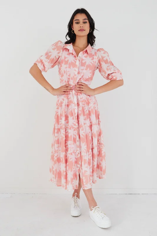 Maxi dress with glam touch-Adair Blush Palms Tiered Shirt Style Maxi Dress