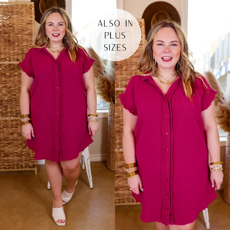 Mini dress with wrap style-Spring Glow Button Up Raw Hem Dress in Raspberry Red