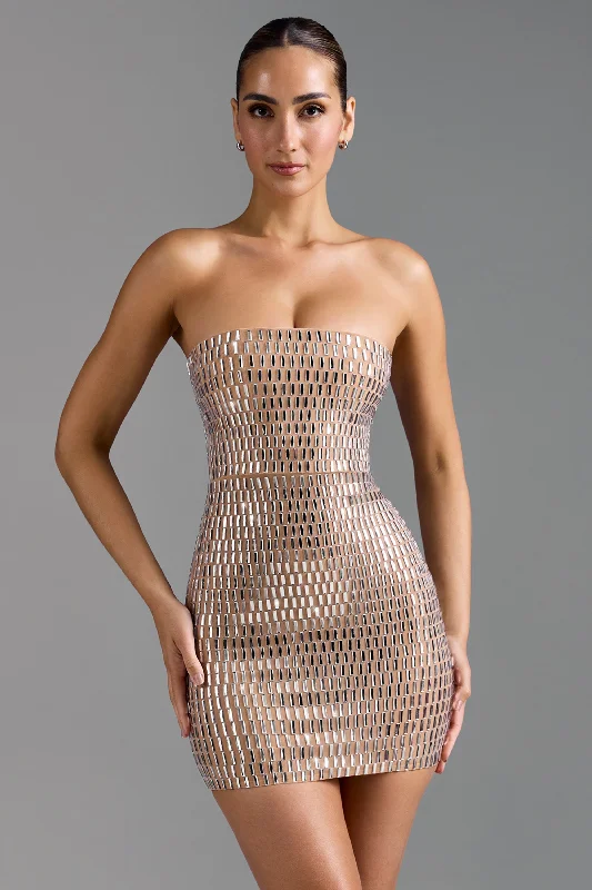 Mini dress with chic design-Embellished Bandeau Mini Dress in Almond