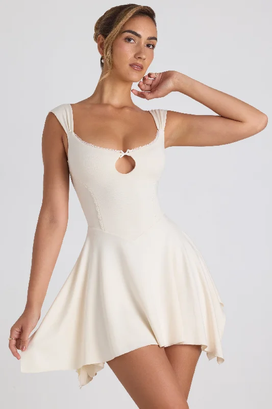 Mini dress with polka dots-Modal Asymmetric Lace-Trim A-Line Mini Dress in Ivory