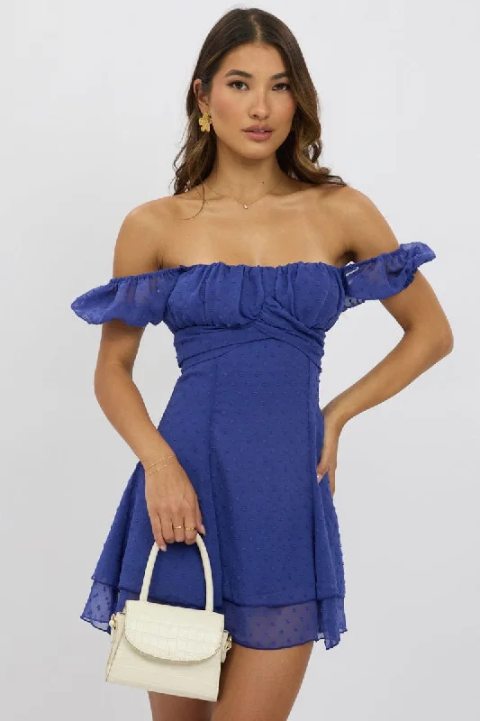 Mini dress with frilly details-Blue Mini Dress Back Tie