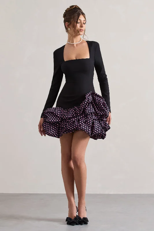 Mini dress with patchwork design-Surreal | Black Polka Dot Square-Neck Mini Dress With Ruffles